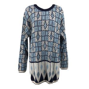 90s Geometric Grandpa Sweater Mens M X- tall Blue White Reversible Preppy Unisex